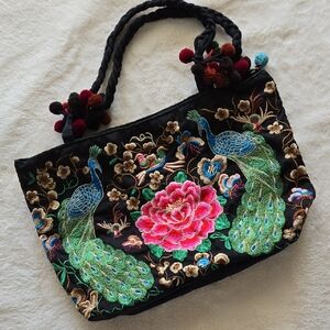 Embroidered Black Tote Bag with Peacock Design
